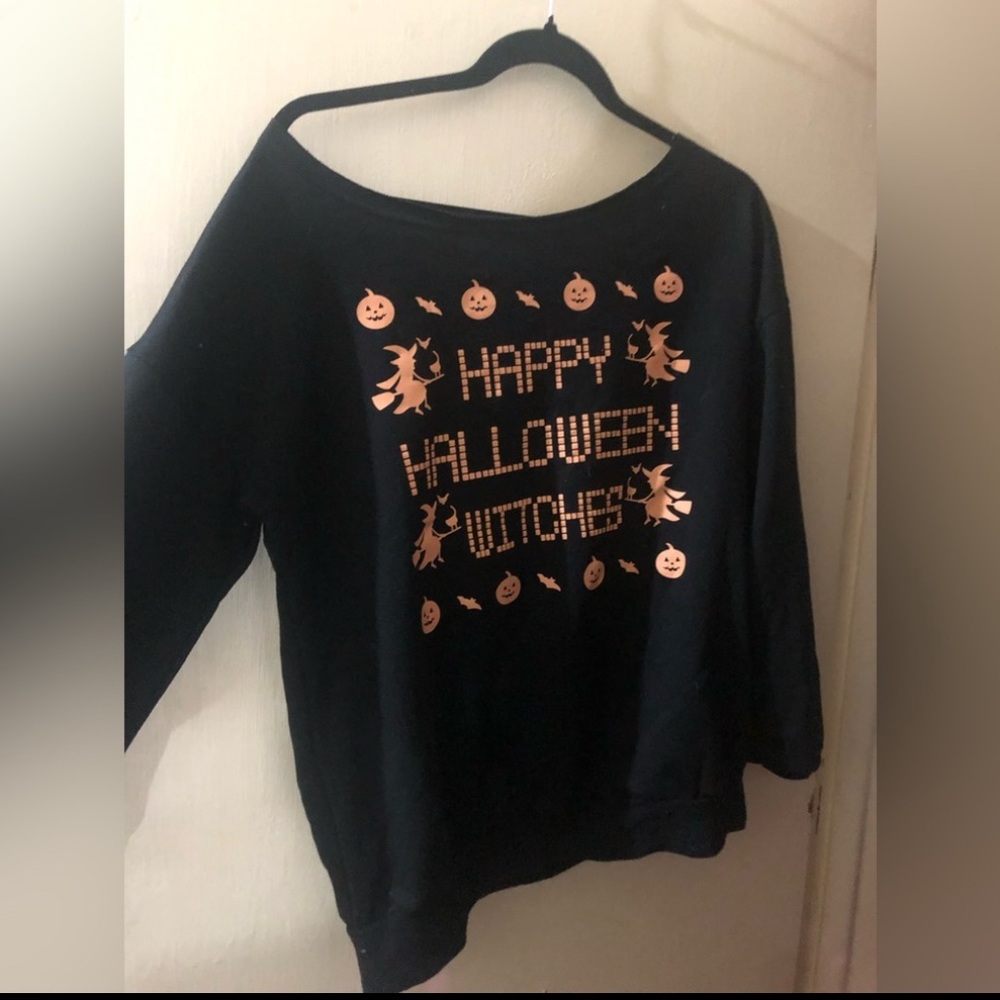 Black Halloween sweatshirt orange print low shoulder